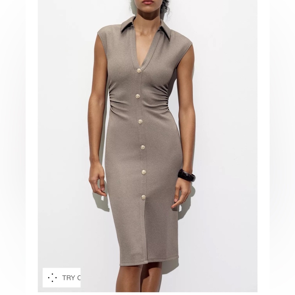 Zara NWT taupe collared midi ruched dress with gold button front
